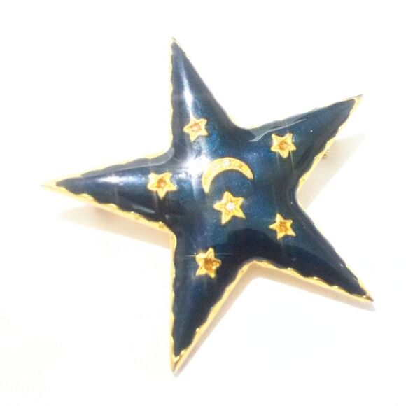 Vintage Navy Blue Enamel Celestial Star Brooch Gold Tone Moon & Stars Night Sky - Picture 4 of 6